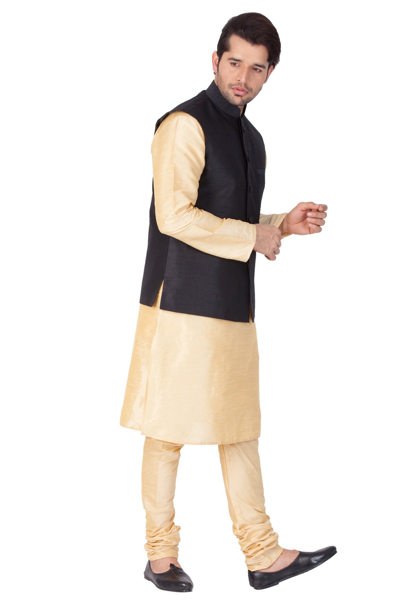 Men's Gold Cotton Silk Blend Kurta, Ethnic Jacket and Pyjama Set