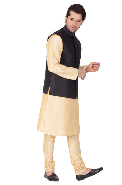 Men's Gold Cotton Silk Blend Kurta, Ethnic Jacket and Pyjama Set