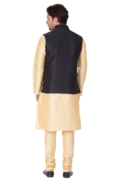 Men's Gold Cotton Silk Blend Kurta, Ethnic Jacket and Pyjama Set