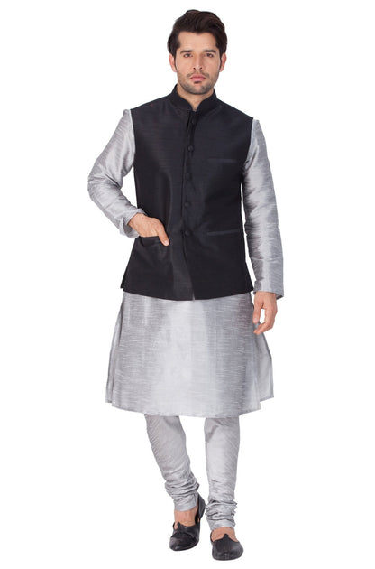 Men's Grey Cotton Silk Blend Kurta, Ethnic Jacket and Pyjama Set