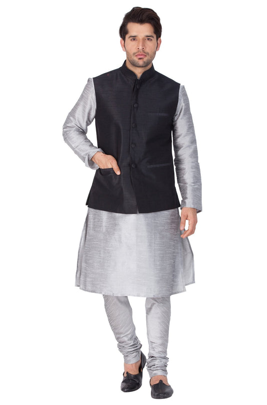 Men's Grey Cotton Silk Blend Kurta, Ethnic Jacket and Pyjama Set