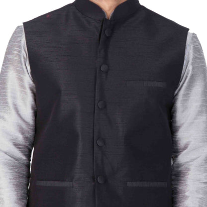 Men's Grey Cotton Silk Blend Kurta, Ethnic Jacket and Pyjama Set