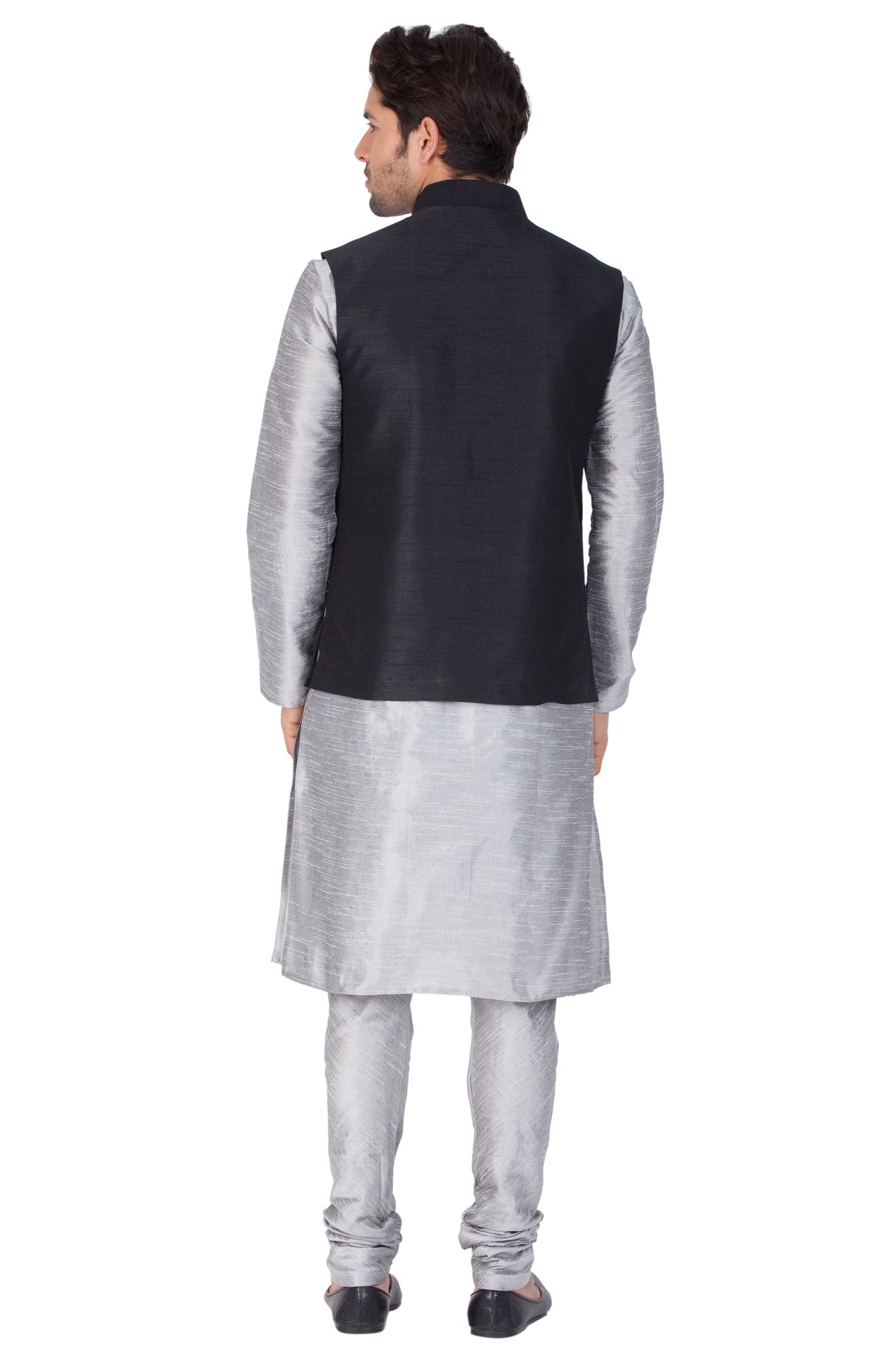 Men's Grey Cotton Silk Blend Kurta, Ethnic Jacket and Pyjama Set