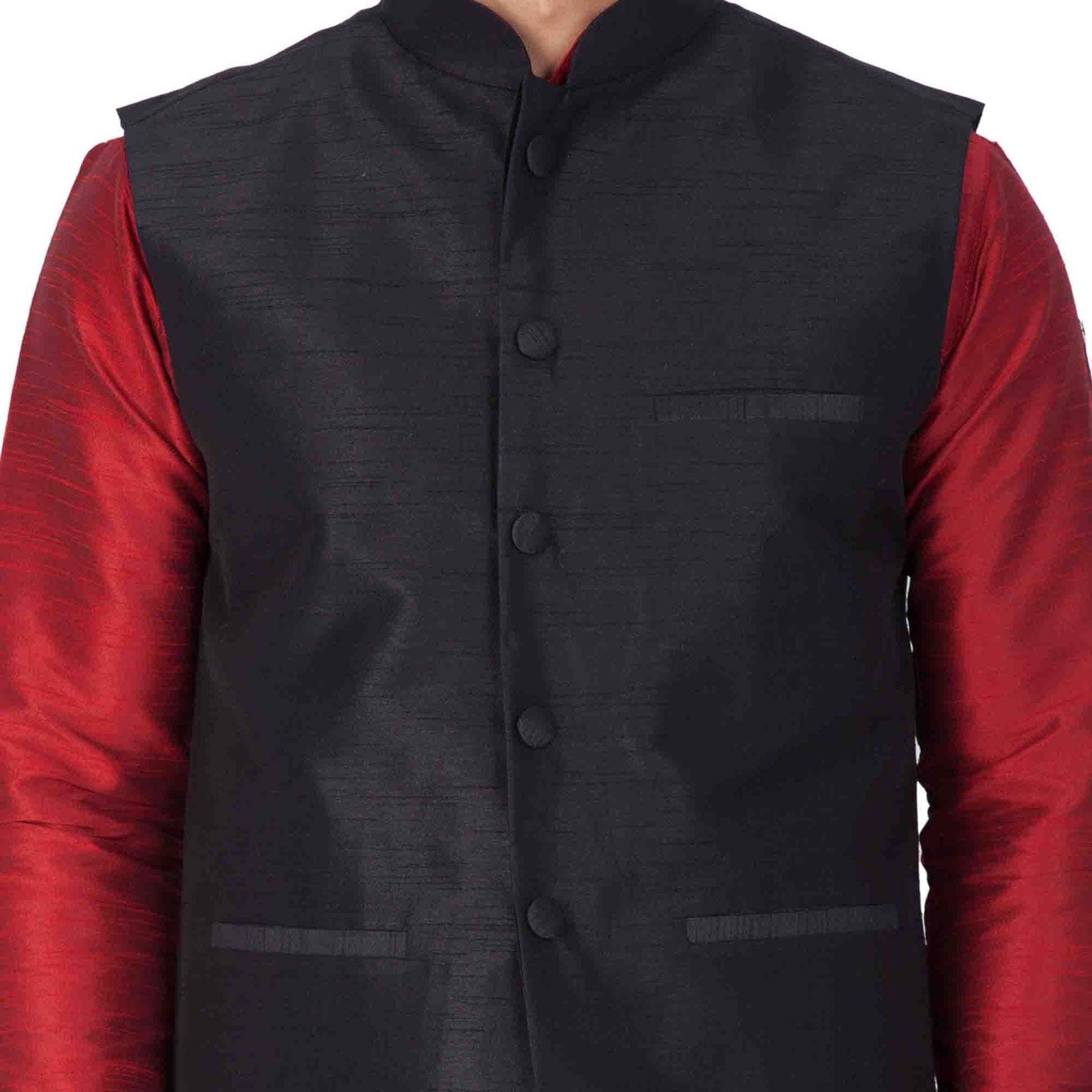 Men's Maroon Cotton Silk Blend Kurta, Ethnic Jacket and Pyjama Set