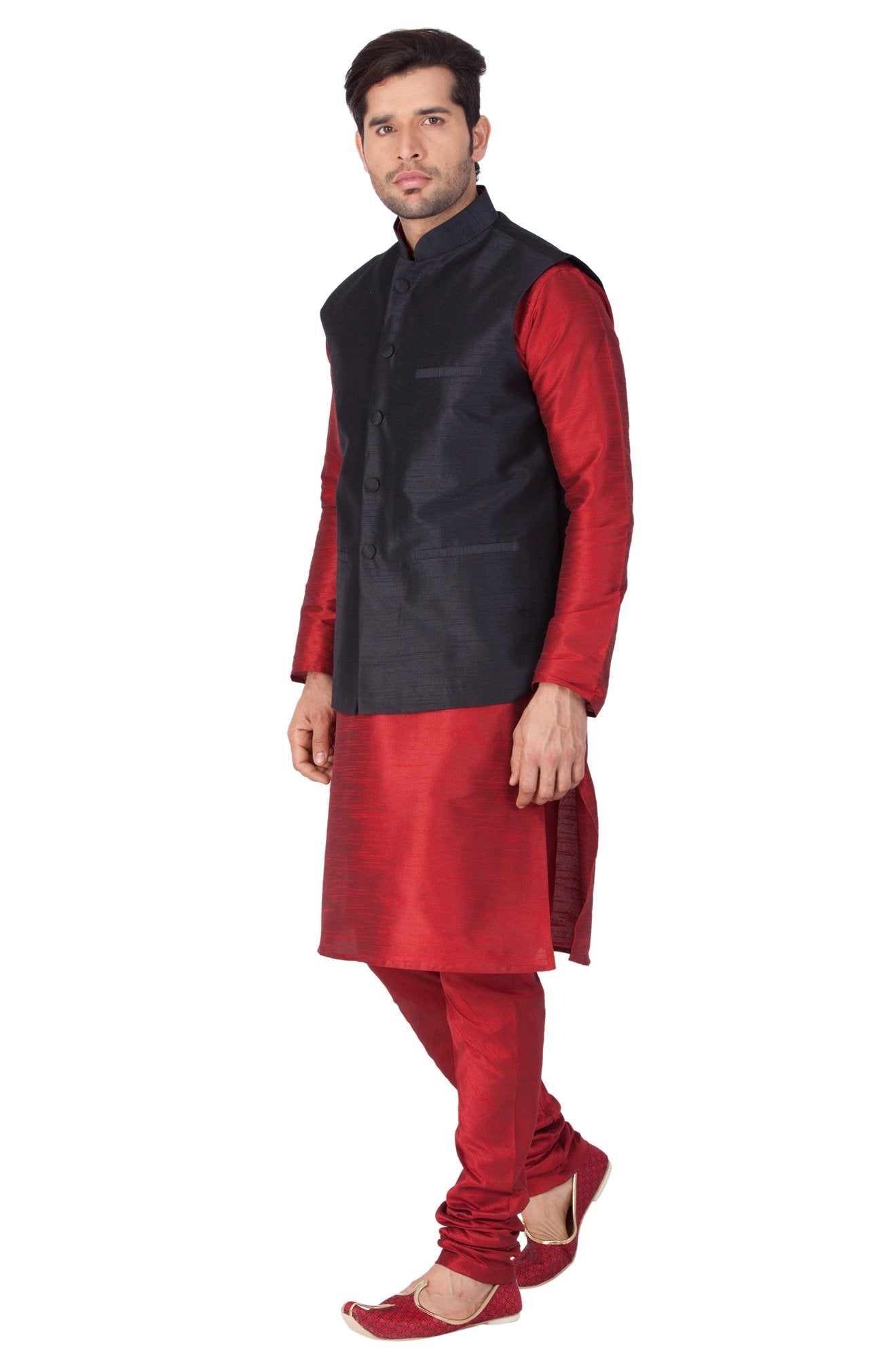 Men's Maroon Cotton Silk Blend Kurta, Ethnic Jacket and Pyjama Set