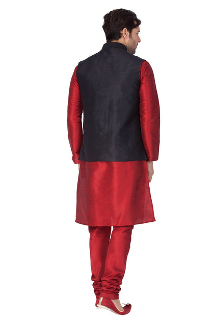 Men's Maroon Cotton Silk Blend Kurta, Ethnic Jacket and Pyjama Set