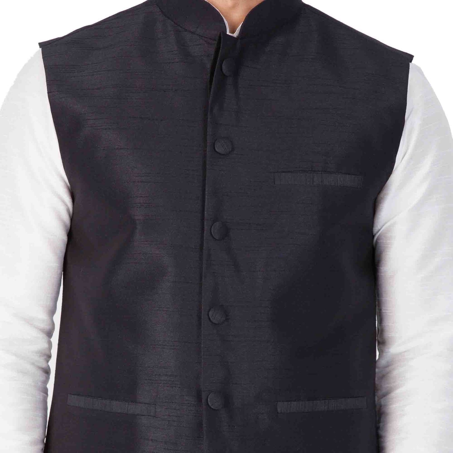 Men's White Cotton Silk Blend Kurta, Ethnic Jacket and Pyjama Set