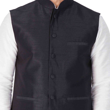 Men's White Cotton Silk Blend Kurta, Ethnic Jacket and Pyjama Set