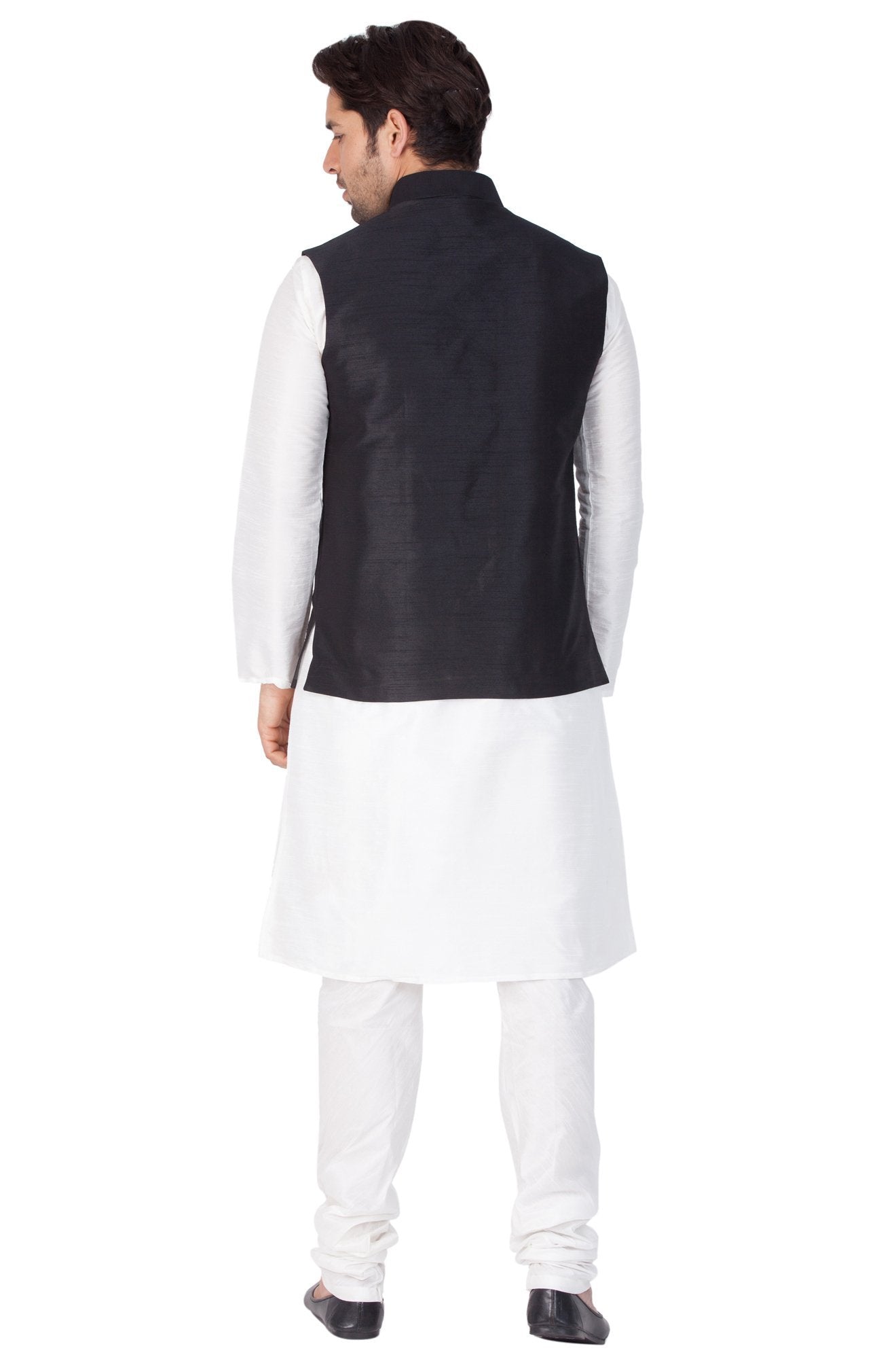 Men's White Cotton Silk Blend Kurta, Ethnic Jacket and Pyjama Set