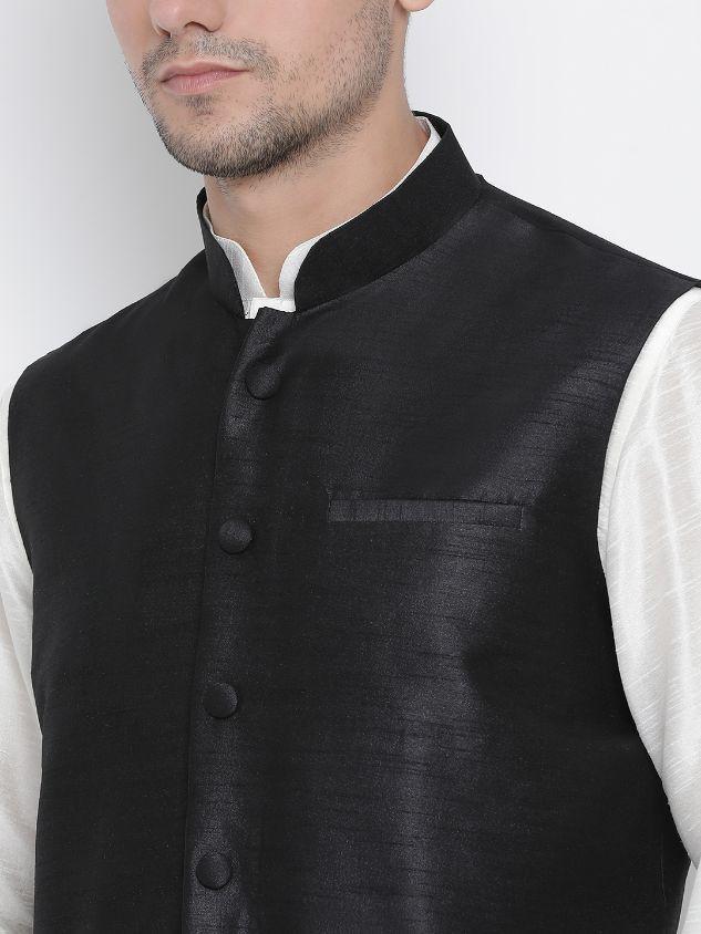 Men's White Cotton Silk Blend Kurta, Ethnic Jacket and Pyjama Set