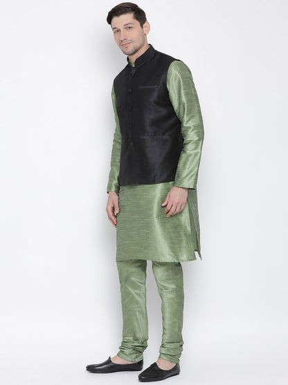 Men's Light Green Cotton Silk Blend Kurta, Ethnic Jacket and Pyjama Set