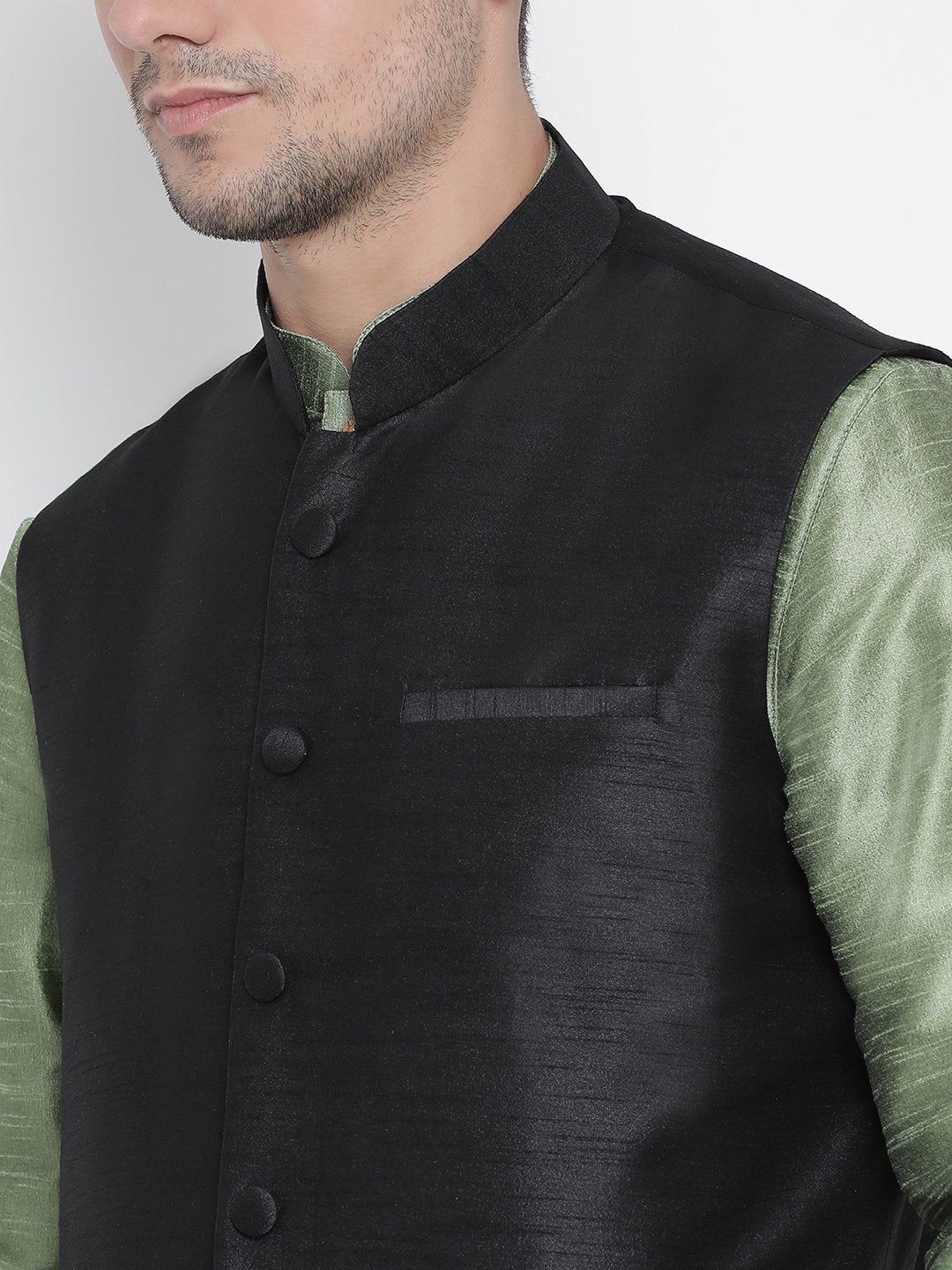 Men's Light Green Cotton Silk Blend Kurta, Ethnic Jacket and Pyjama Set