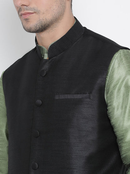 Men's Light Green Cotton Silk Blend Kurta, Ethnic Jacket and Pyjama Set