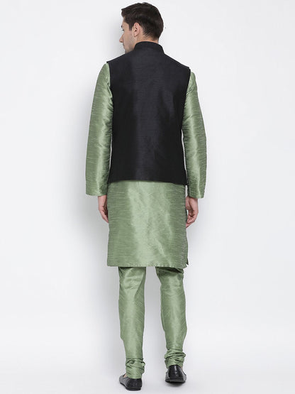 Men's Light Green Cotton Silk Blend Kurta, Ethnic Jacket and Pyjama Set