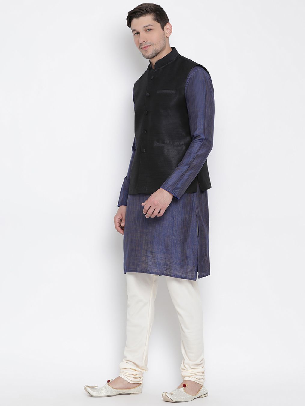 Men's Blue Cotton Silk Blend Kurta, Ethnic Jacket and Pyjama Set