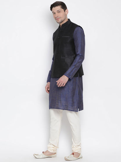 Men's Blue Cotton Silk Blend Kurta, Ethnic Jacket and Pyjama Set