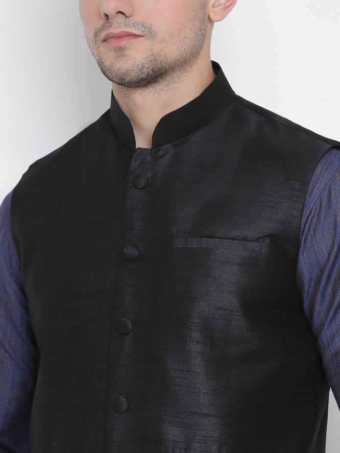 Men's Blue Cotton Silk Blend Kurta, Ethnic Jacket and Pyjama Set