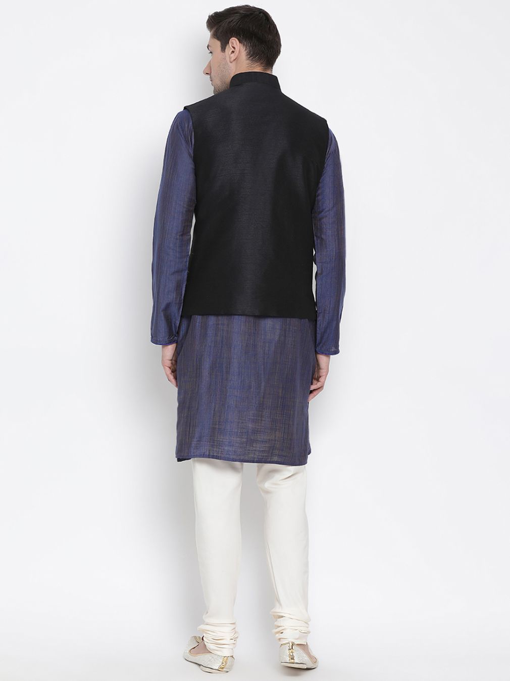Men's Blue Cotton Silk Blend Kurta, Ethnic Jacket and Pyjama Set