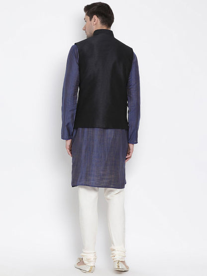 Men's Blue Cotton Silk Blend Kurta, Ethnic Jacket and Pyjama Set