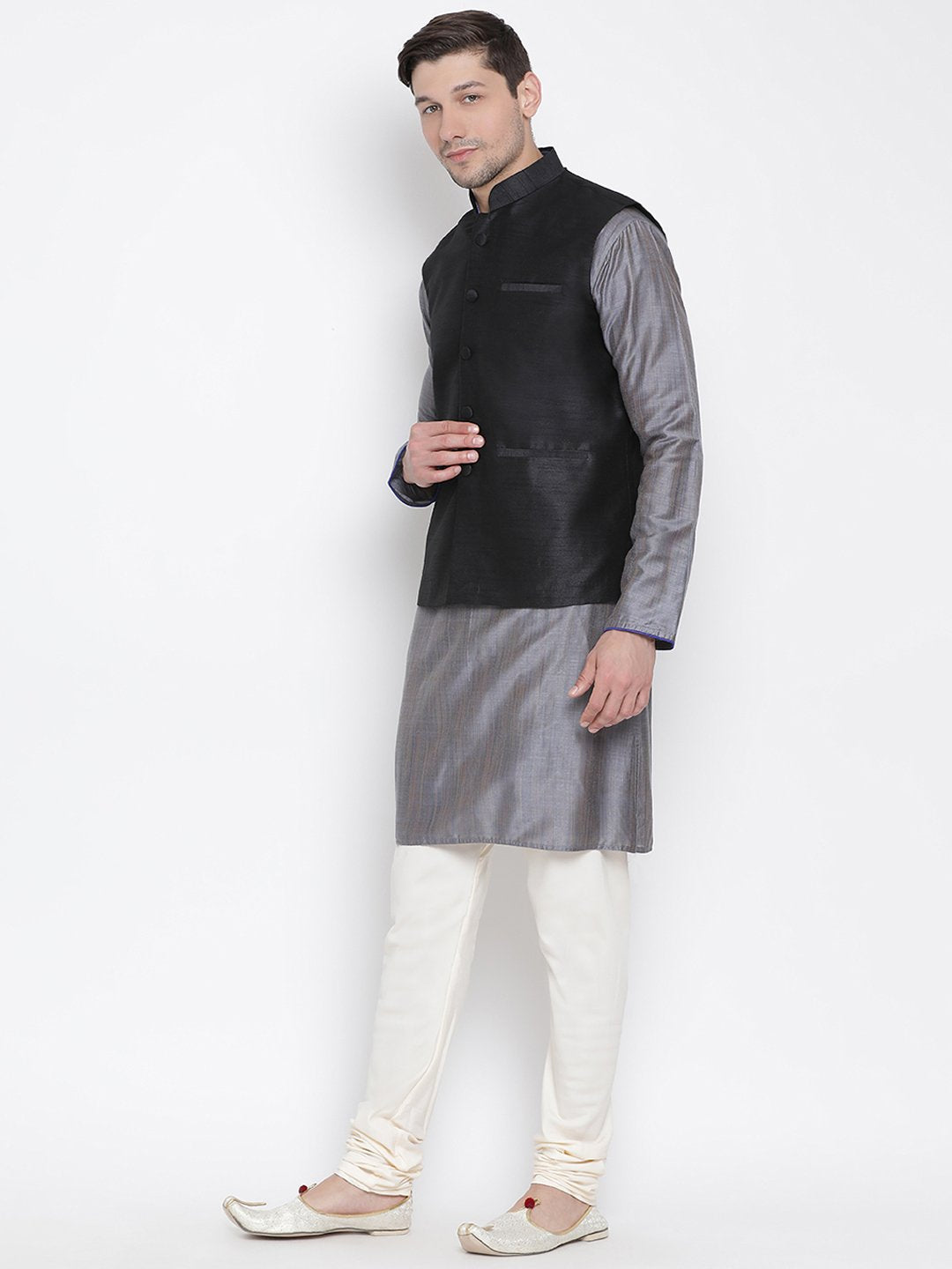 Men's Grey Cotton Silk Blend Kurta, Ethnic Jacket and Pyjama Set
