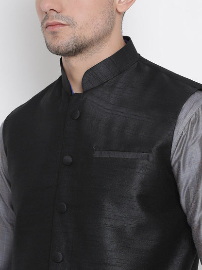 Men's Grey Cotton Silk Blend Kurta, Ethnic Jacket and Pyjama Set