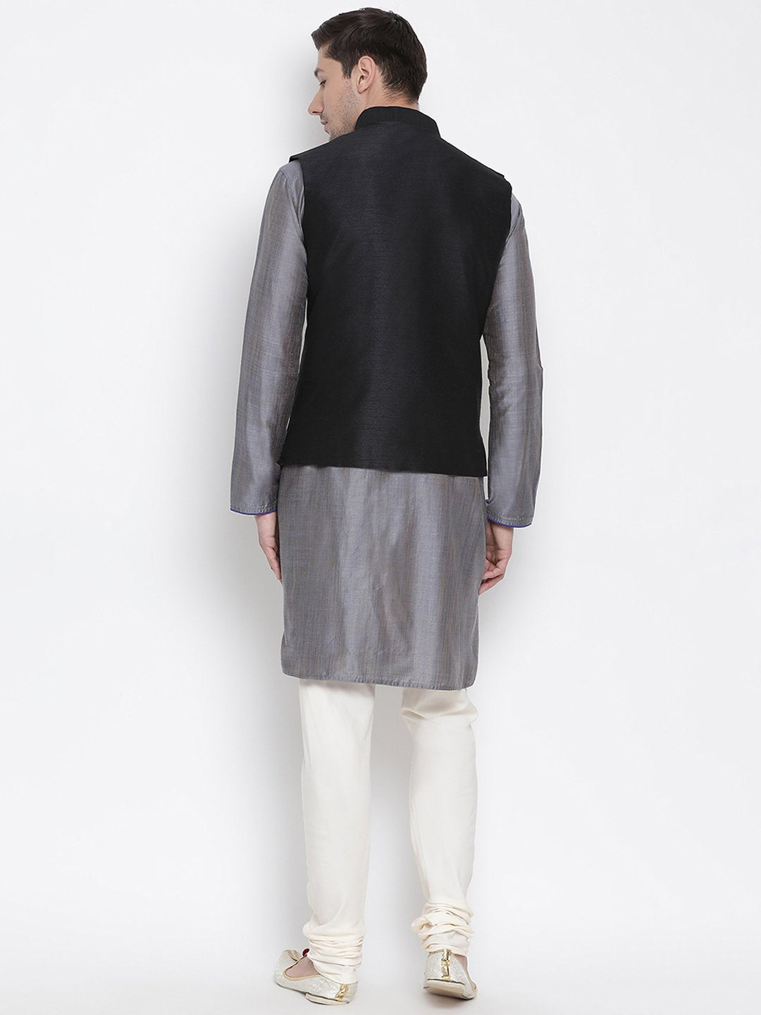 Men's Grey Cotton Silk Blend Kurta, Ethnic Jacket and Pyjama Set