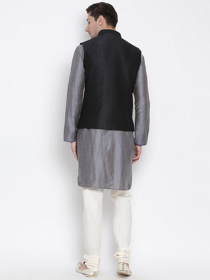 Men's Grey Cotton Silk Blend Kurta, Ethnic Jacket and Pyjama Set