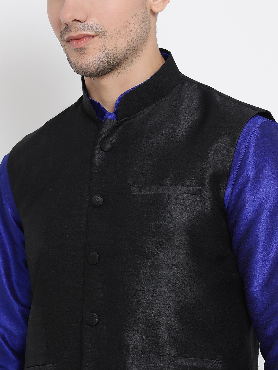 Men's Blue Cotton Silk Blend Kurta, Ethnic Jacket and Pyjama Set