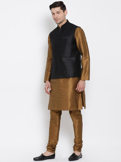 Men's Brown Cotton Silk Blend Kurta, Ethnic Jacket and Pyjama Set