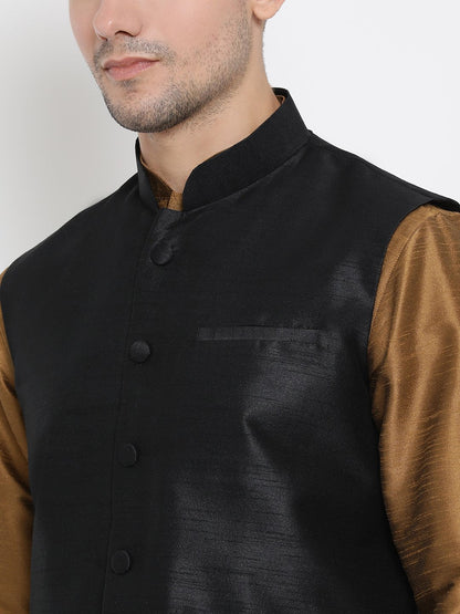 Men's Brown Cotton Silk Blend Kurta, Ethnic Jacket and Pyjama Set