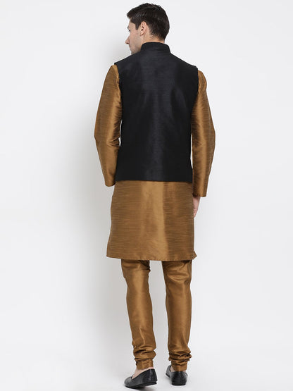 Men's Brown Cotton Silk Blend Kurta, Ethnic Jacket and Pyjama Set
