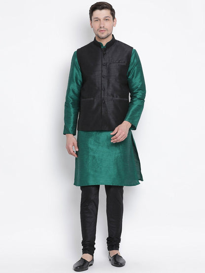 Men's Green Cotton Silk Blend Kurta, Ethnic Jacket and Pyjama Set