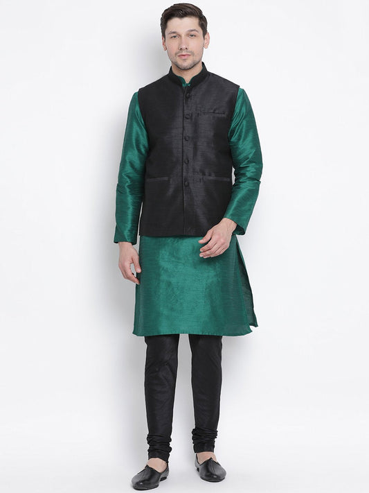 Men's Green Cotton Silk Blend Kurta, Ethnic Jacket and Pyjama Set