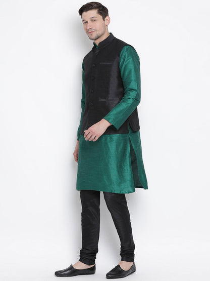 Men's Green Cotton Silk Blend Kurta, Ethnic Jacket and Pyjama Set