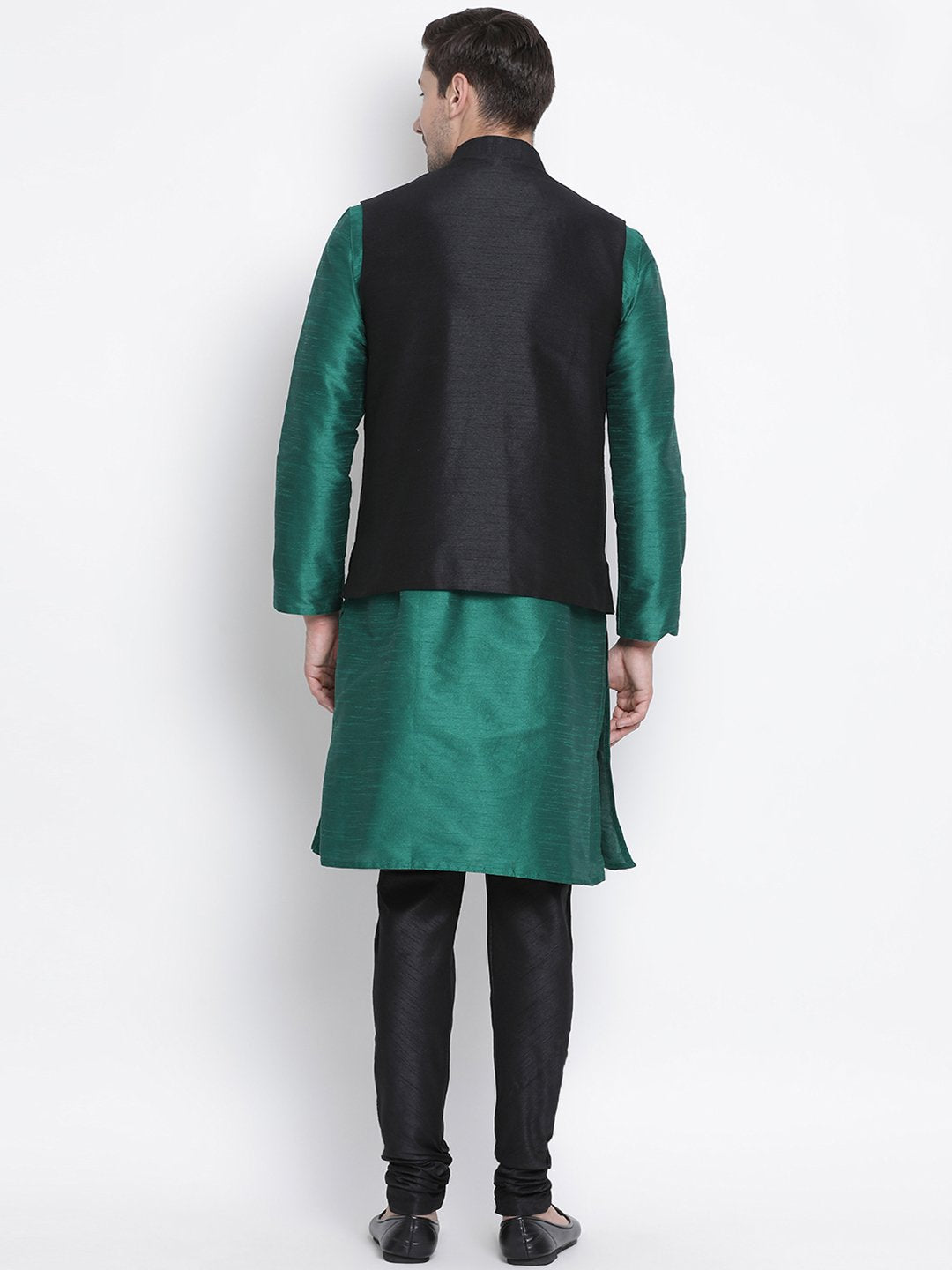 Men's Green Cotton Silk Blend Kurta, Ethnic Jacket and Pyjama Set