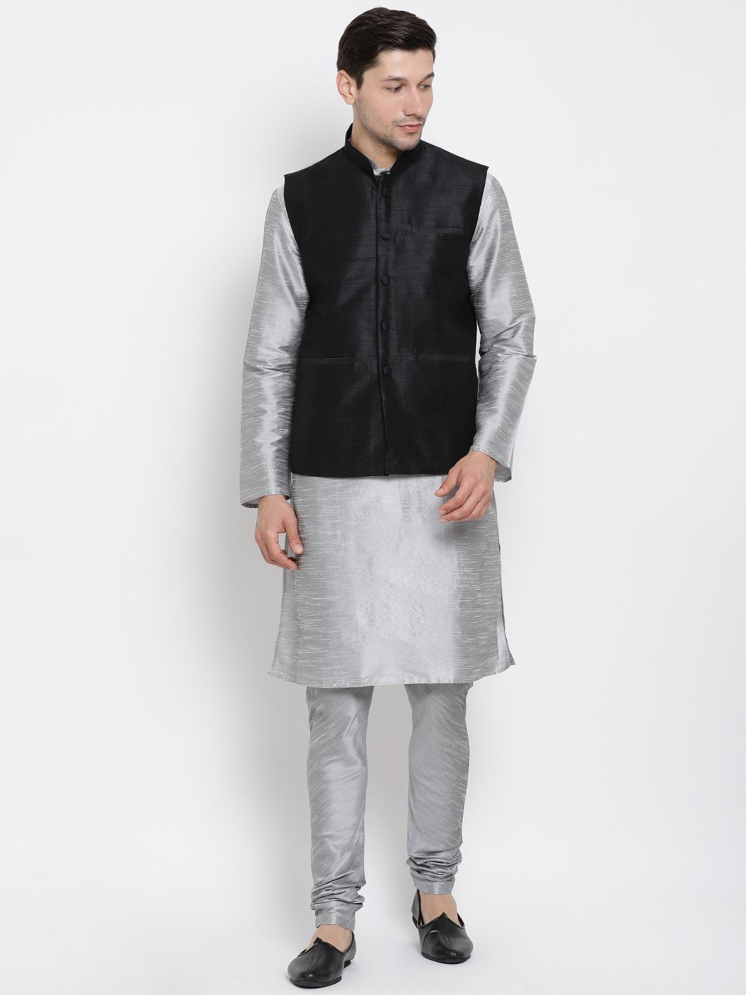 Men's Grey Cotton Silk Blend Kurta, Ethnic Jacket and Pyjama Set