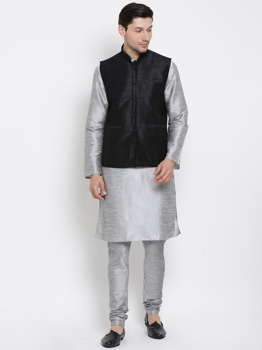 Men's Grey Cotton Silk Blend Kurta, Ethnic Jacket and Pyjama Set