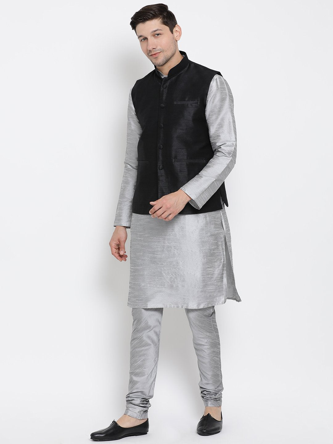 Men's Grey Cotton Silk Blend Kurta, Ethnic Jacket and Pyjama Set
