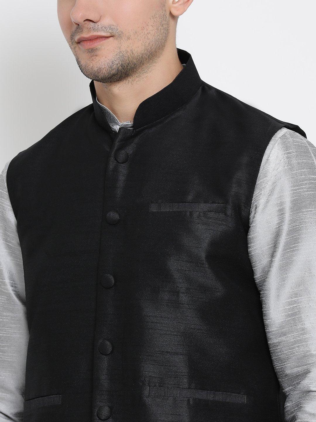 Men's Grey Cotton Silk Blend Kurta, Ethnic Jacket and Pyjama Set