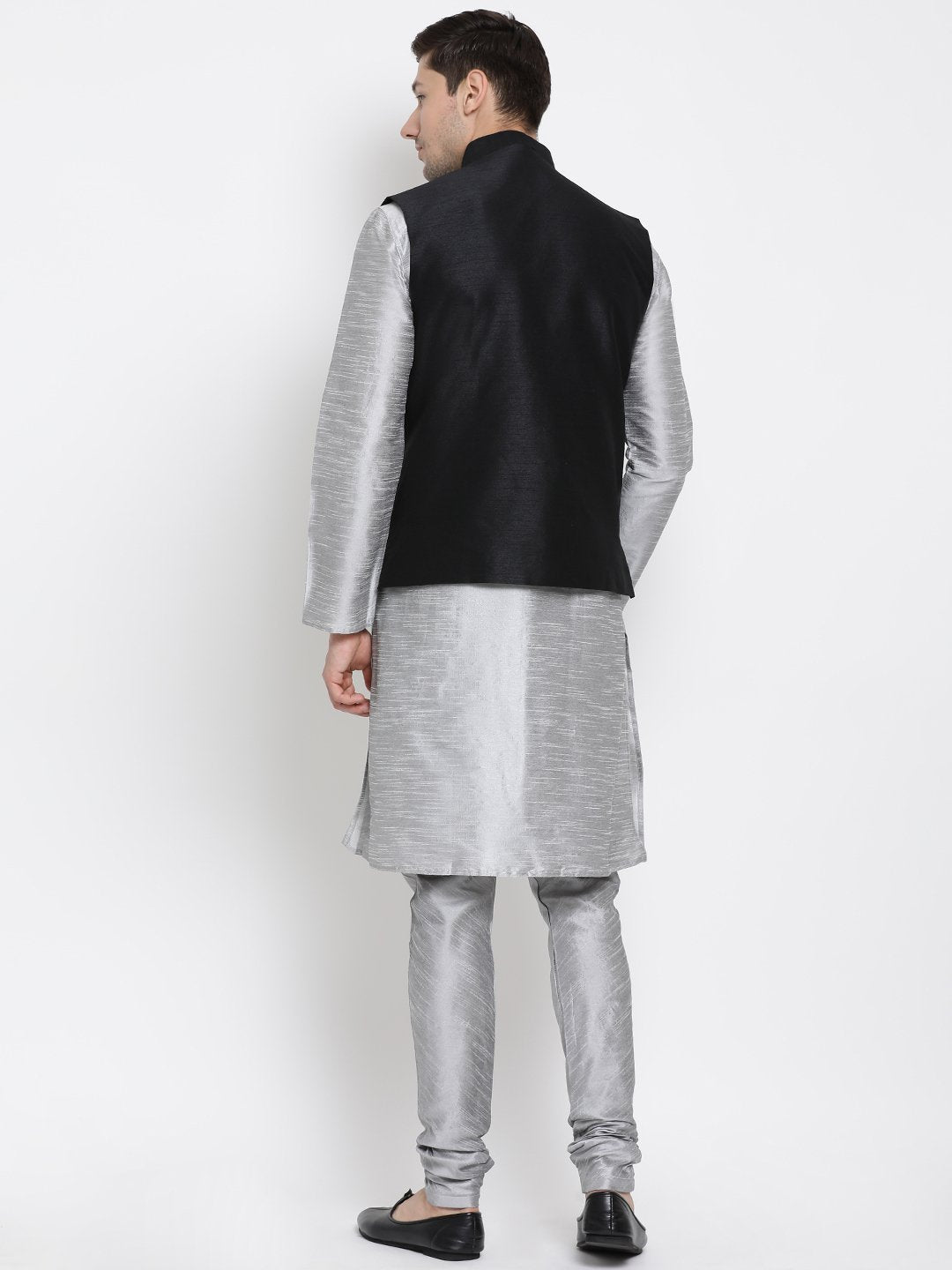 Men's Grey Cotton Silk Blend Kurta, Ethnic Jacket and Pyjama Set