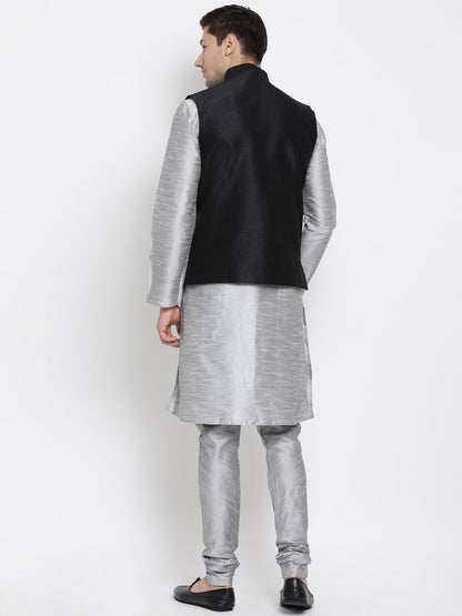 Men's Grey Cotton Silk Blend Kurta, Ethnic Jacket and Pyjama Set