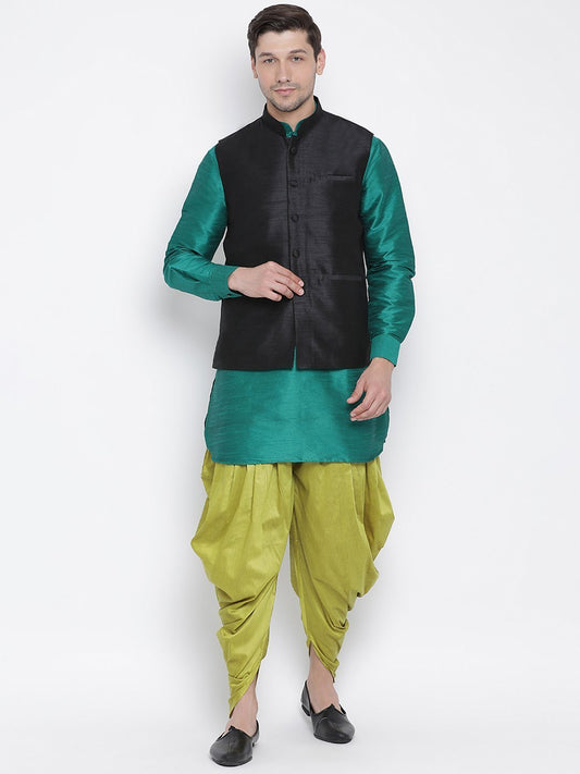 Men's Green Cotton Silk Blend Ethnic Jacket, Kurta and Dhoti Pant Set
