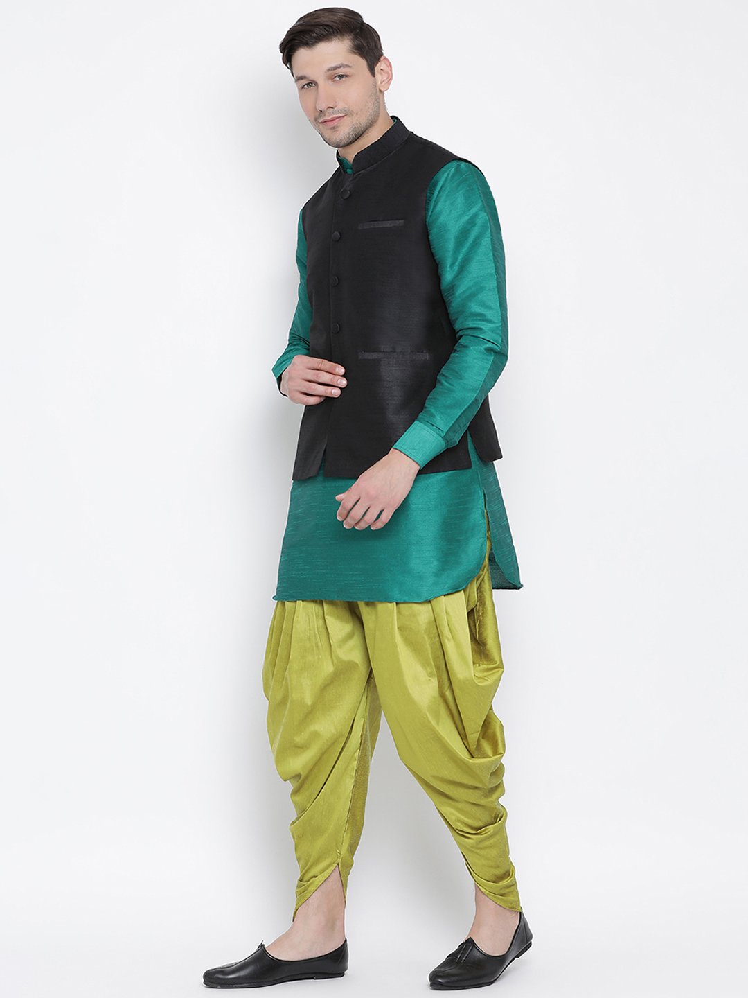 Men's Green Cotton Silk Blend Ethnic Jacket, Kurta and Dhoti Pant Set