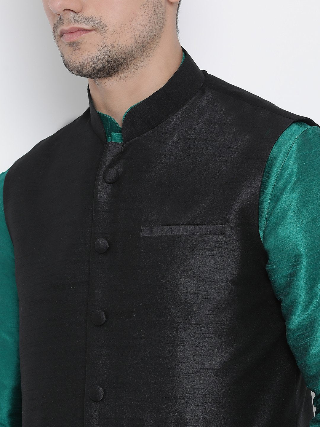 Men's Green Cotton Silk Blend Ethnic Jacket, Kurta and Dhoti Pant Set