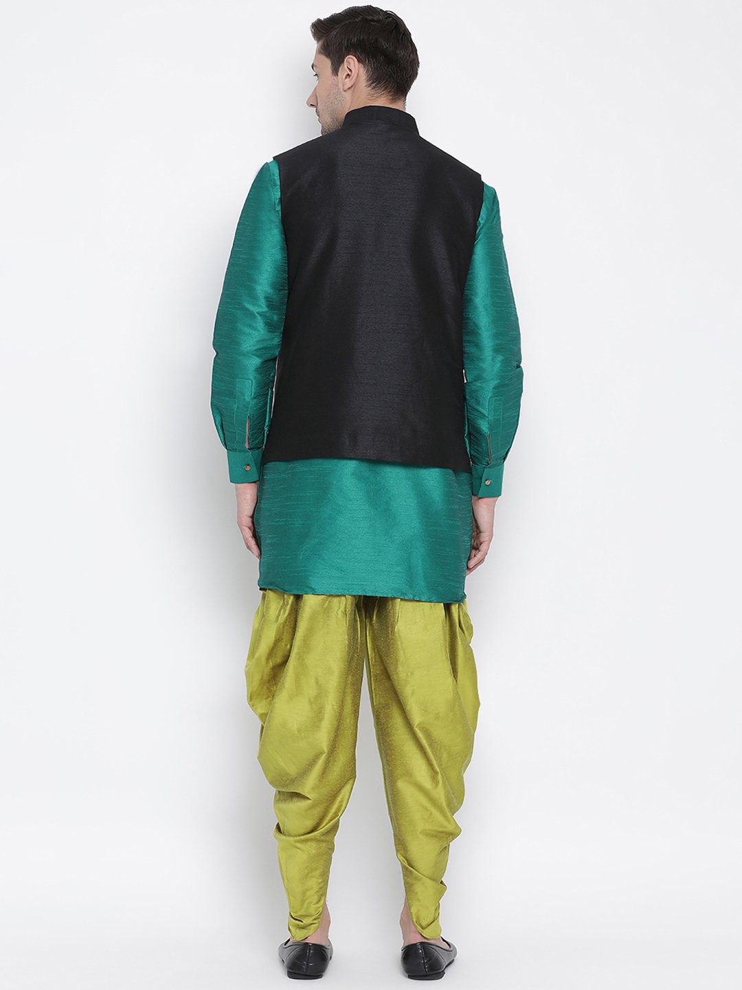 Men's Green Cotton Silk Blend Ethnic Jacket, Kurta and Dhoti Pant Set