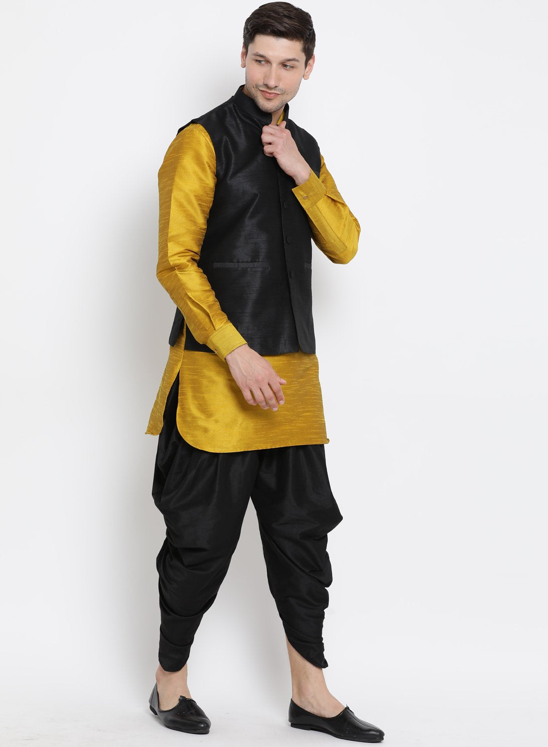Men's Yellow Cotton Silk Blend Ethnic Jacket, Kurta and Dhoti Pant Set
