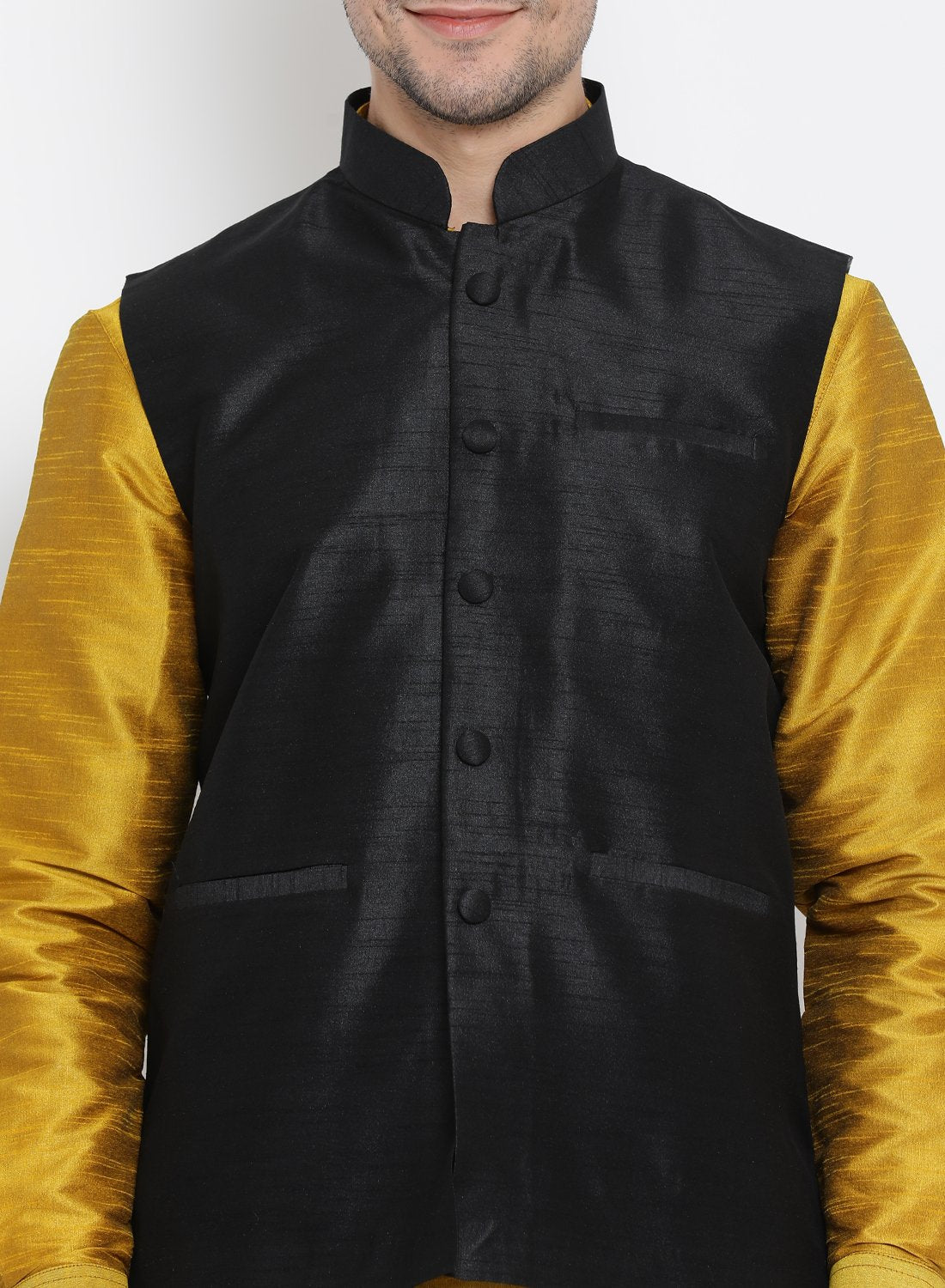 Men's Yellow Cotton Silk Blend Ethnic Jacket, Kurta and Dhoti Pant Set