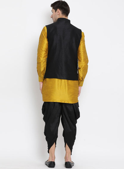 Men's Yellow Cotton Silk Blend Ethnic Jacket, Kurta and Dhoti Pant Set