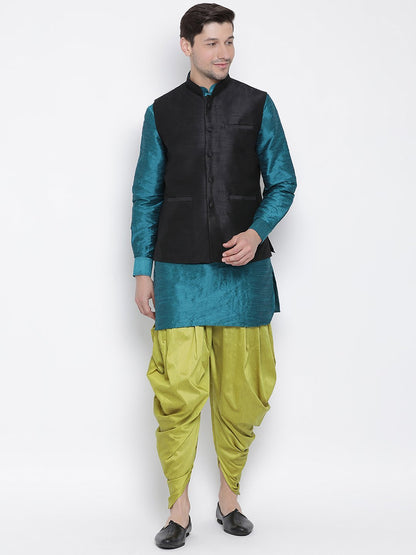 Men's Dark Green Cotton Silk Blend Ethnic Jacket, Kurta and Dhoti Pant Set