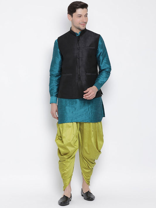 Men's Dark Green Cotton Silk Blend Ethnic Jacket, Kurta and Dhoti Pant Set
